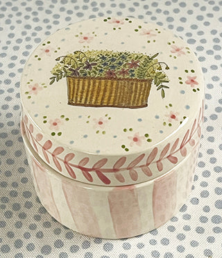 Pottery * Small Round Box * Basket Bouquet