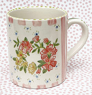 Pottery * 12 oz mug * Circle Flowers and Pink Stripes