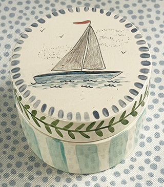 Pottery * Small Round Box * Sailboat