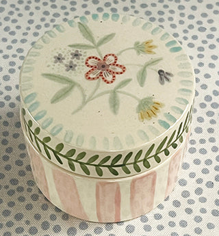Pottery * Small Round Box * Embroidered Meadow