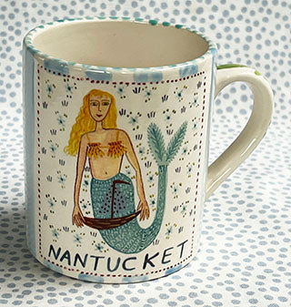 Nantucket * 12 oz Mug * Mermaid With Boat With Turquoise Stripes