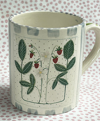 Pottery * 12 oz Mug * Strawberries All Year * Blue Stripes