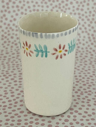 Pottery * Cylinder Vase * Pink Flowers and Turquoise Vines