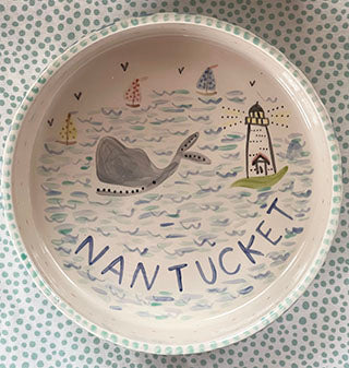 Nantucket * Medium Pet Bowl * Whale and Lighthouse In Blue