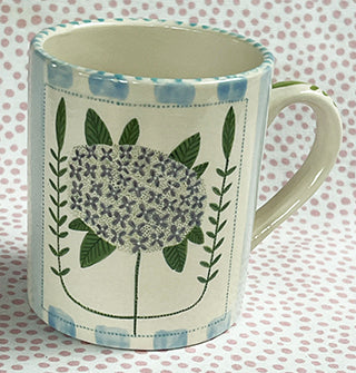 Pottery * 12 oz Mug * Hydrangea With Turquoise Stripes