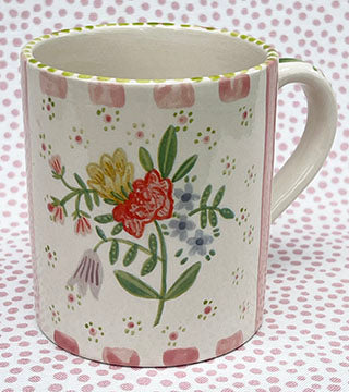 Pottery * 12 Oz Mug * Rose Bouquet and Pink Stripes