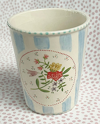 Pottery * 8 oz Cup * Rose Bunch With Blue Stripes