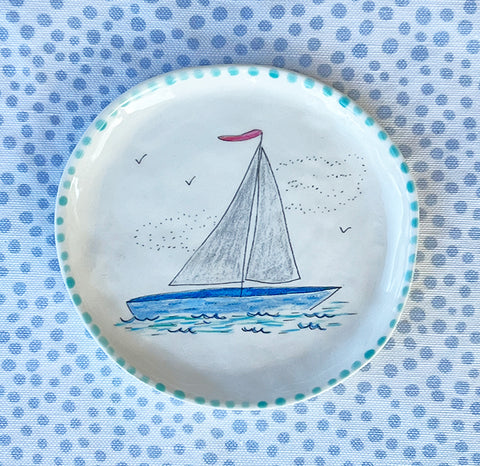 Pottery * Round Dish * Sailboat